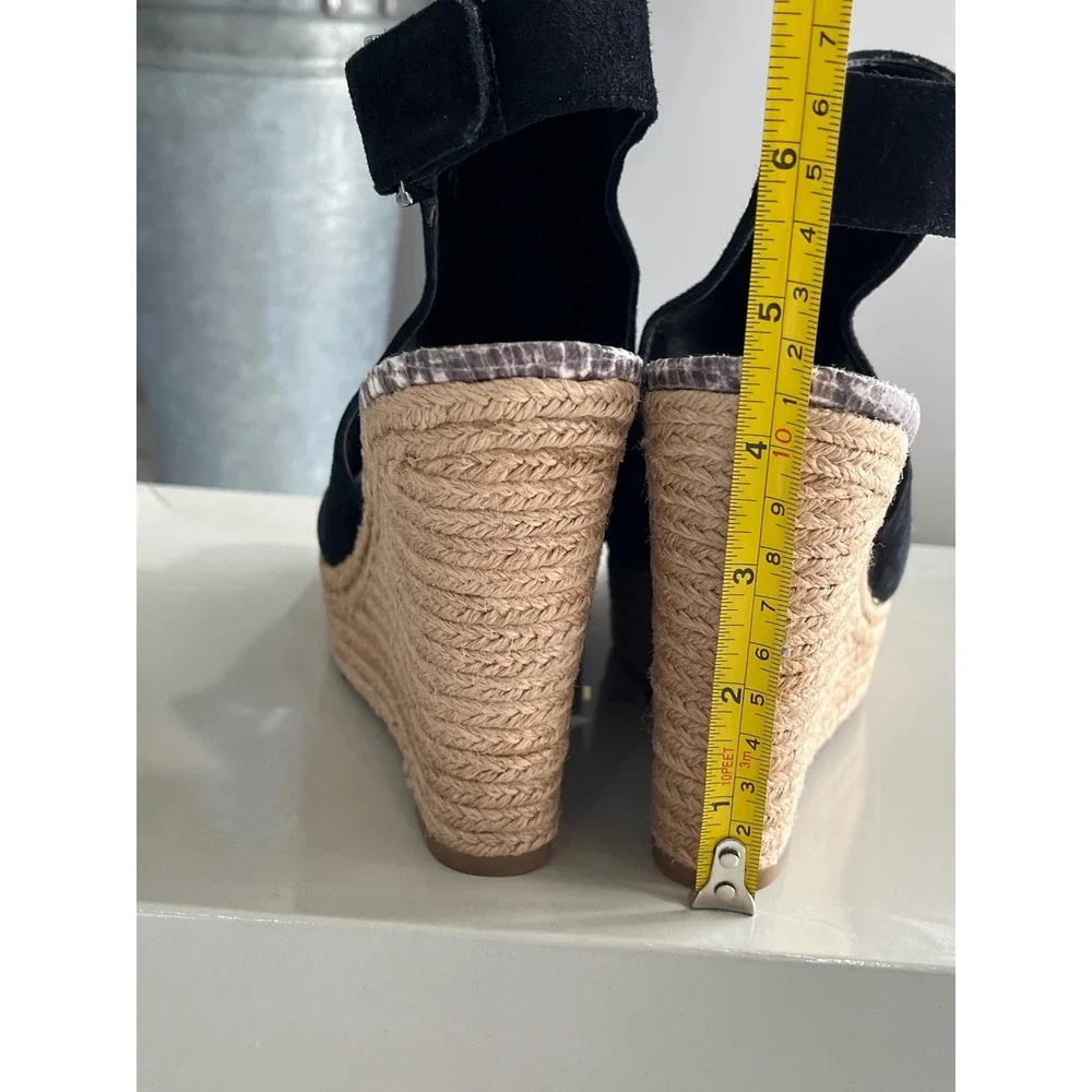Marc Fisher‎ Black Suede Peep Toe Espadrille Wedge Sandals Size 6.5M